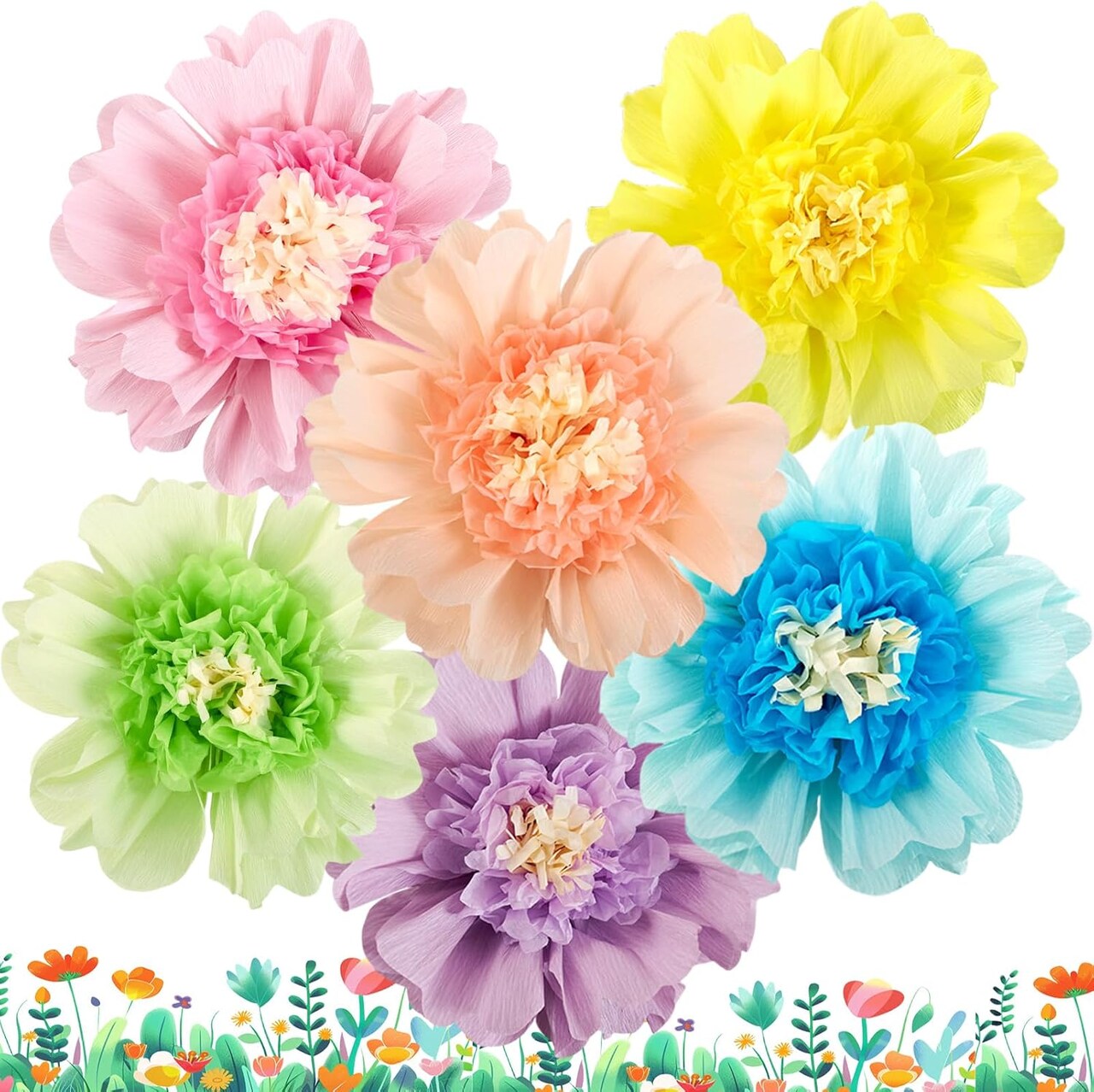 6-Pack 12" Crepe Paper Flowers – Spring & Summer Fiesta Wall and Party Decorations